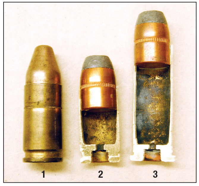 The small-powder capacity of a 9mm shows why it operates at much higher pressure to equal 38 Special muzzle velocity: (1) 9mm Luger, (2) 9mm cut-away and (3) 38 Special Cut-away.
